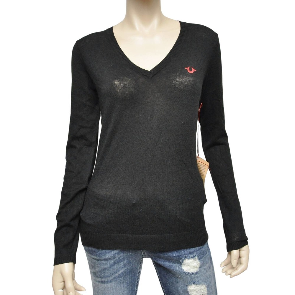 True Religion Embroidery U V-Neck Cotton/Cashmere Sweater Black XS Nwt $178